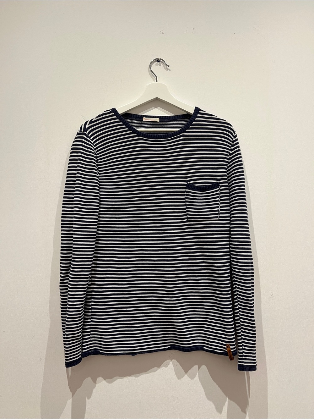 100% Cotton Striped Navy and White Long-Sleeve Pocket Tee